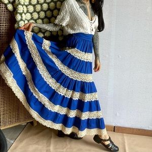 Vintage linen and lace blue maxi skirt